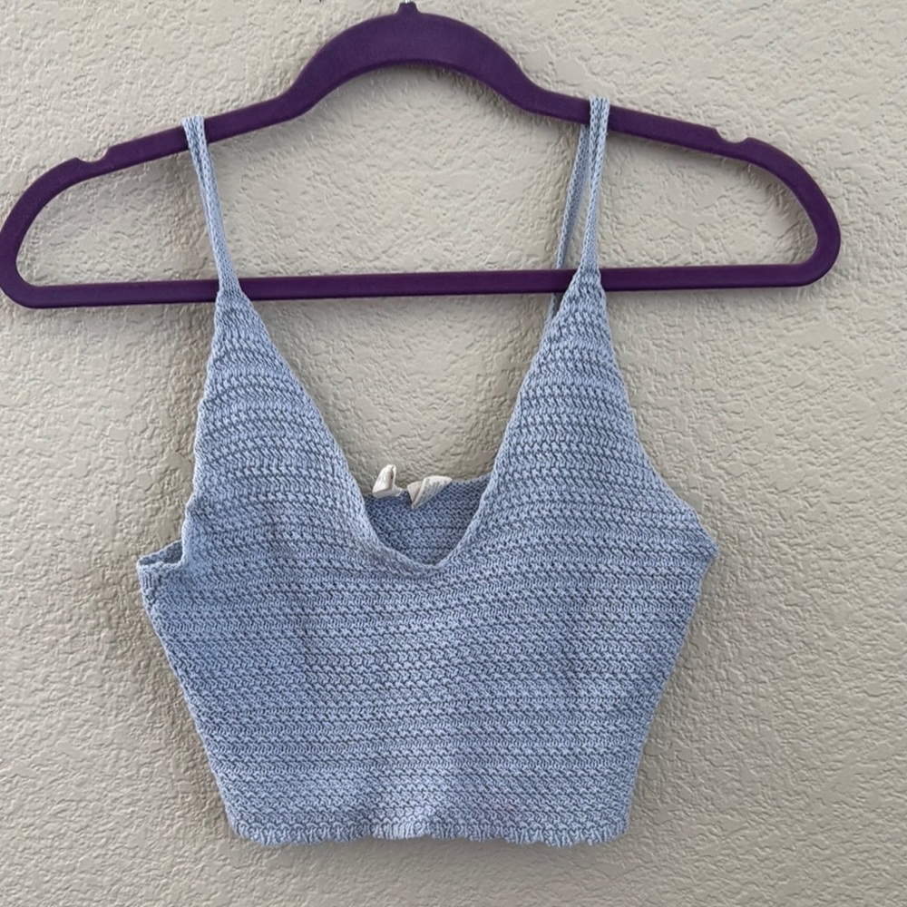 Sky and Sparrow Blue Fitted Tie Front Crop Tank Top